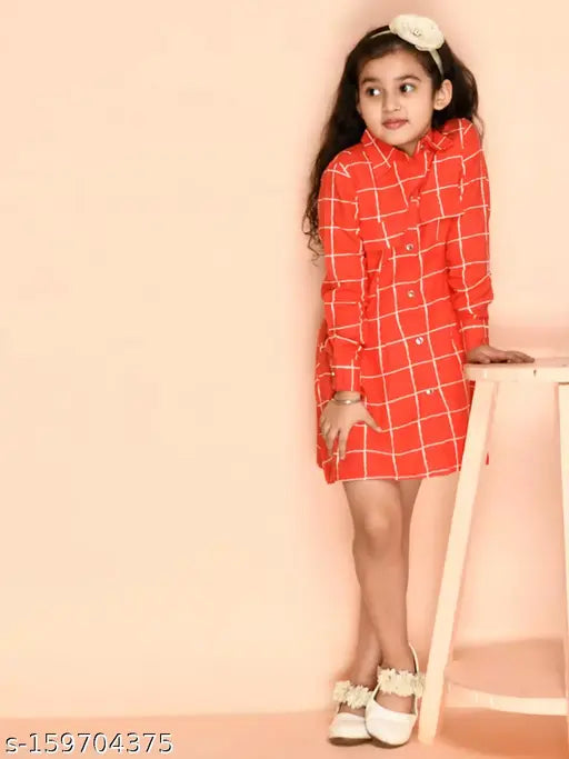 Orange rayon fit and flare full sleeve checkered shirt dress