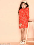 Orange rayon fit and flare full sleeve checkered shirt dress