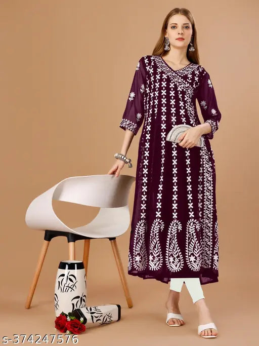 Purple and white long kameez dress, knee-length, embroidered border, flared sleeves