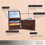 Brown leather wallet for men, SKINBULL original with RFID blocking, hand-stitched and aged for durability, 5 compartments, ideal gift in gift box, made in India