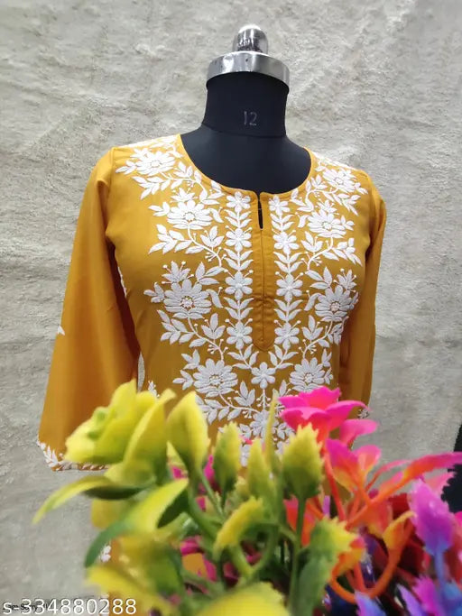 Rayon Chikankari embroidered straight calf length kurta and Plazo, floral detail, three-quarter sleeves, India