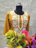 Rayon Chikankari embroidered straight calf length kurta and Plazo, floral detail, three-quarter sleeves, India