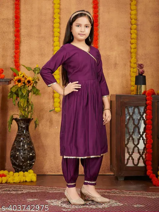 Purple silk kurti patiala set with solid sequins and lace work, contemporary ethnic wear for girls aged 5-11 years
