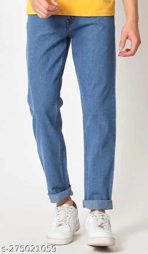 Blue light, cotton denim men's casual jeans (size 32, length 39in), solid pattern