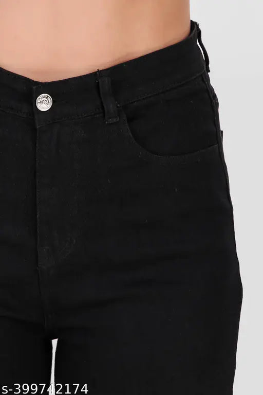 Black, stretchable premium denim jeans with high waist for women