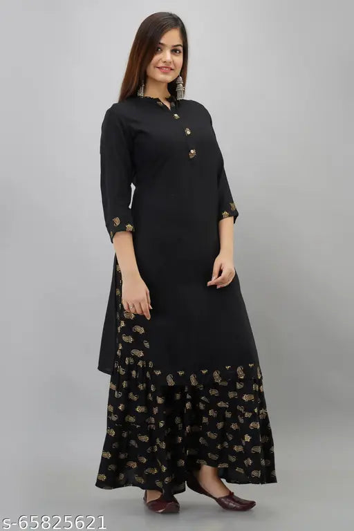 Black rayon kurta and pants, long sleeves, side zip closure