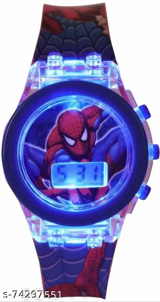 A Spider-Man themed watch with a glowing disco LED light and colorful light-up features, styled as a digital kids wrist watch