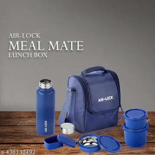 AIR LOCK Meal Mate Lunch Box with Plastic Cutlery,3 Microwave Safe Inner Steel Containers with Bpa Free Lids(290Ml,400Ml&600Ml) Plastic Pickle Box(130Ml) Steel Water Bottle(750Ml)-Blue