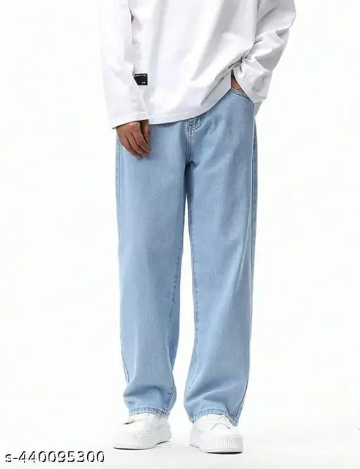 Men's wide leg denim pants white tee shirt background
