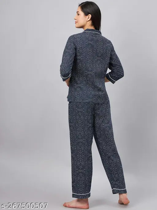 WineRed Women's Bandhej Print NightSuit - Blue, cotton lapel collared top & pyjama set for casual or sleepwear