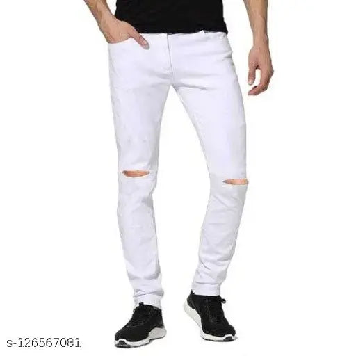 Distressed white denim jeans, slim fit with ripped knees, hand wash only