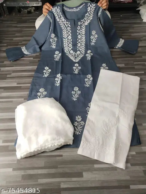 Attractive cotton kurta set with palazzos and dupatta, embroidered net, luckyliw Chikankari design. Indian women's fashion for M, L, XL, XXL sizes