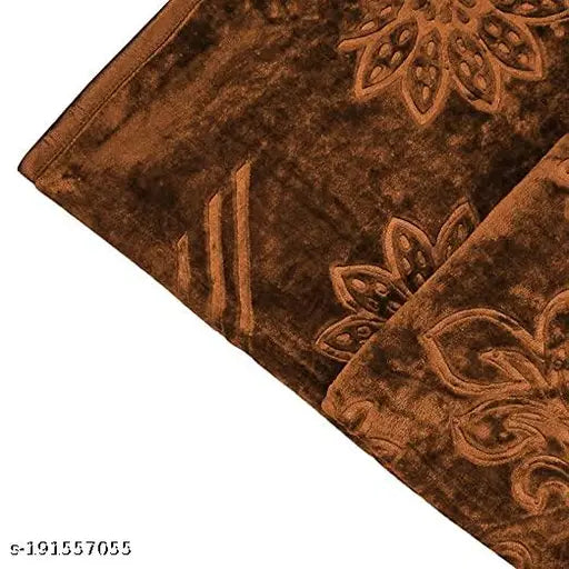 Brown Korean mink double bed blanket, soft embossed and luxurious, perfect for winter. Floral print design. Hand or machine wash gentle with mild detergent