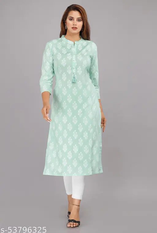 Women's rayon flower print 3/4 sleeve straight kurti, cotton fabric, three-quarter sleeves, Indian craftsmanship
