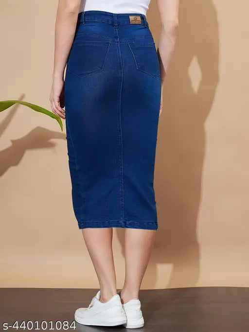 Denim-washed stretchable cotton blend skirt with front center slit, solid net, available in multiple sizes from 24 to 32