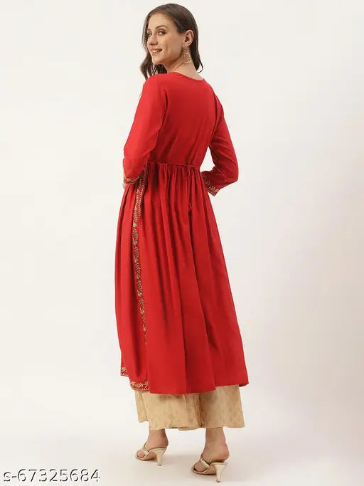 Red rayon festive embroidered woman's dress