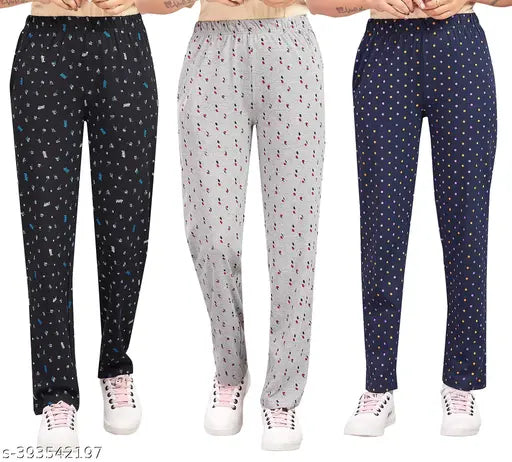 Ladies pyjama pants in various colors and patterns, cotton material