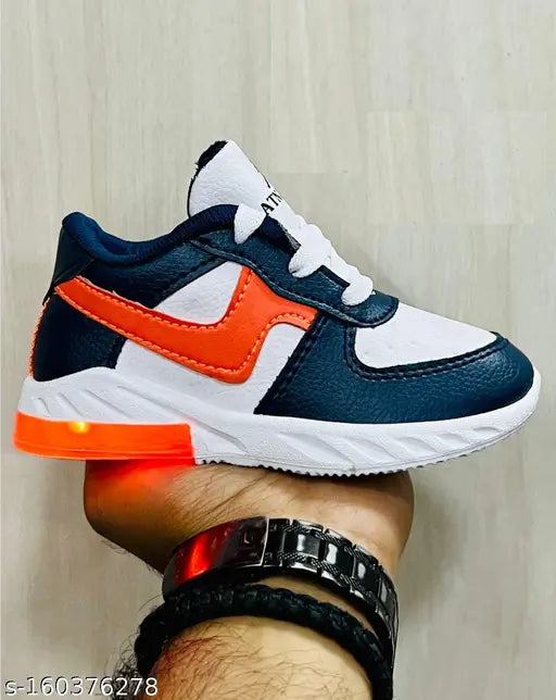 Navy blue and white sneakers with LED lights for kids, boys' casual outdoor running walking shoes, trendy shoes for boys