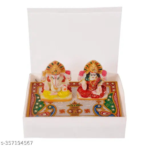 Multicolor marble Ganesh Laxmi Idol showpiece set with chowki, perfect for Diwali gift, handcrafted by skilled artisans