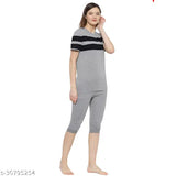 Grey colorblocked women's cotton blend capri nightsuit, 100% rich combed cotton for comfort