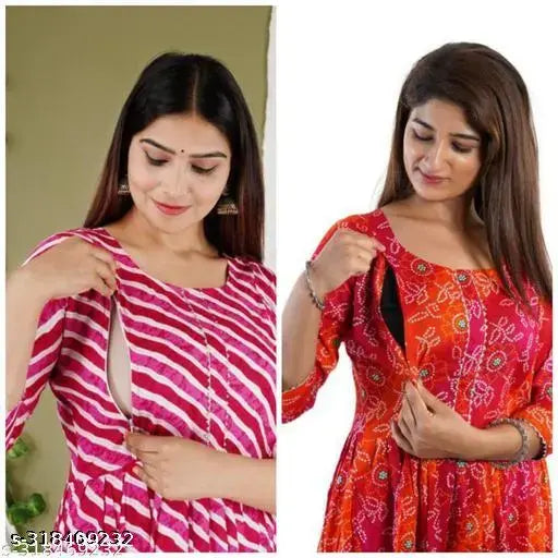 Women's maternity zip kurta with two pieces, red and white