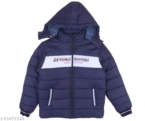 Dark blue padded full sleeve jacket with hood, zip closure