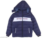 Dark blue padded full sleeve jacket with hood, zip closure