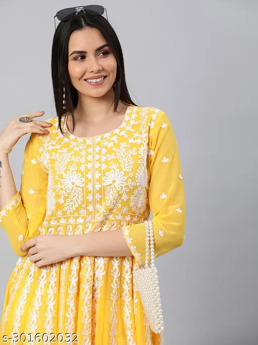 Yellow embroidered Chikankari Georgette Anarkali Kurta, three-quarter sleeve poly georgette women's fashion on mannequin, Indian traditional outfit for special occasions