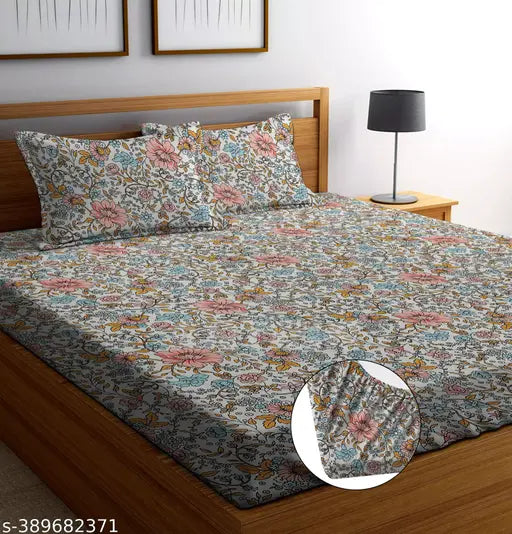 White floral cotton fitted double bedsheet with 2 pillow covers, size 72x78+10 inches, ideal for summer adult use
