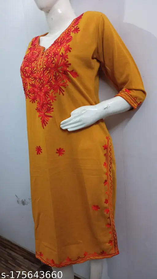 Camellias mustard woolen kurta for women with red embroidery