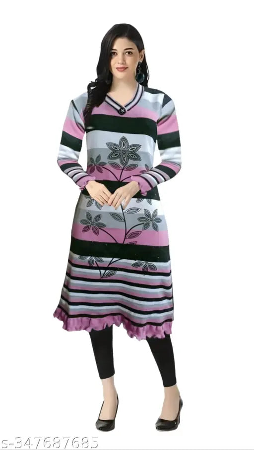 Woolen ALine kurti, vibrant print, low price
