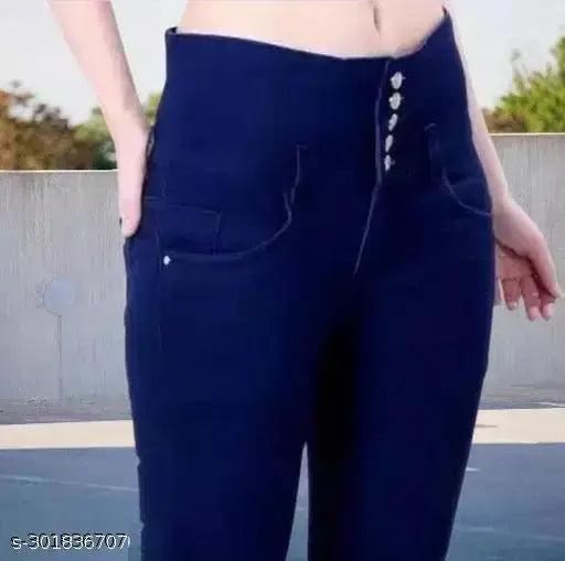 Blue denim women's 5-button jeans, stylish and comfortable for party wear in solid pattern. Size options: 24, 26, 28, 30, 32 (India origin)