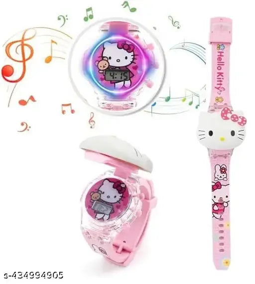 Digital watch with disco LED light, princess hello kitty theme for kids, pink and white color scheme