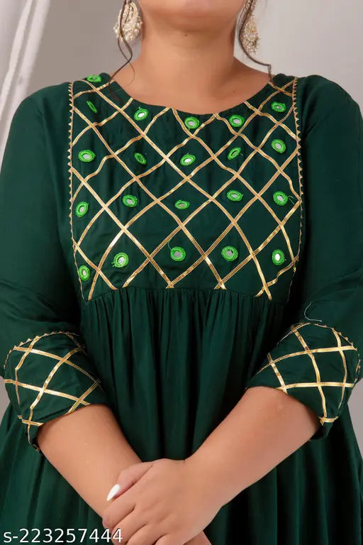 Rayon A-Line long kurti, solid pattern with chest gather and three-quarter sleeves, Indian crafted gota work