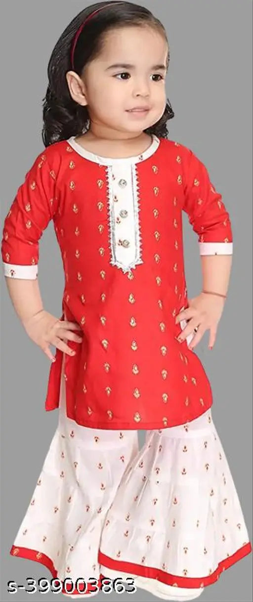 New Printed Rayon Baby Girls Kurti & Palazzo Set for Casual Wear, self-design with three-quarter sleeves. Available sizes: 3-6M (Top 16in, Bottom 20in), 6-9M, 6-12M, 9-12M, 12-18M, 18-24M, 0-1Y, 1-2Y, 2-3Y. Made in India, high quality for customer satisfaction
