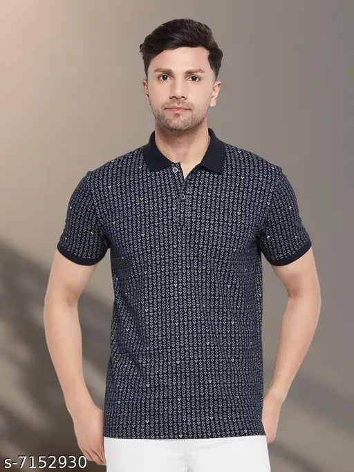 White cotton Gents 2 Button Abstract Printed Half Sleeve T-Shirt on mannequin, Summer style menswear for parties and casual events