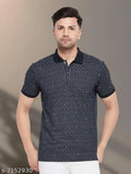 White cotton Gents 2 Button Abstract Printed Half Sleeve T-Shirt on mannequin, Summer style menswear for parties and casual events