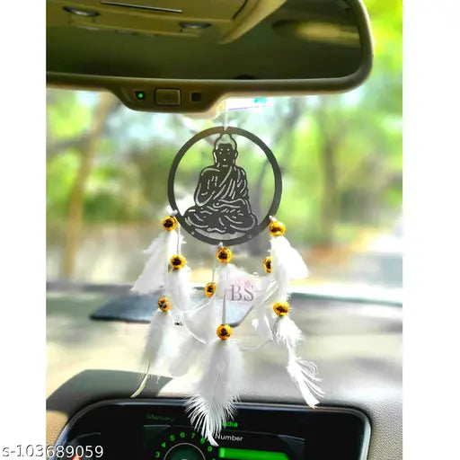 White Buddha Dream Catcher Wall Hanging and Car Emblem, handcrafted Indian religious idol for positive vibes, 20x8cm size