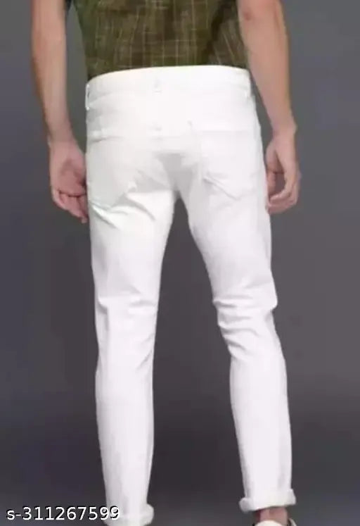 Cotton blend flaying men plain white jeans, solid net design for casual wear - size options available: 28, 30, 32 (India origin)