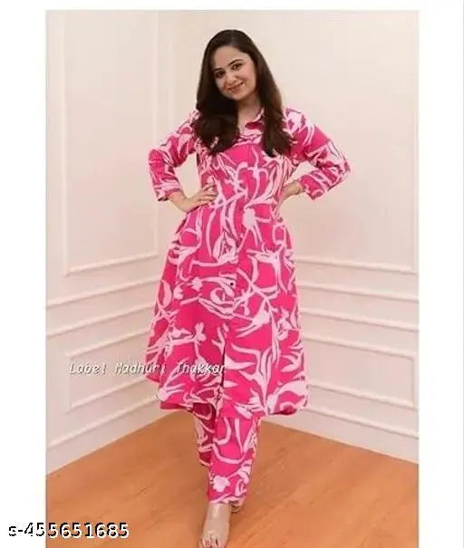 Printed rayon kurti and pant set for women, three-quarter sleeves, Indian ethnic wear for couples