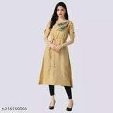 Beige cotton slub digital print Anarkali Kurti for women & girls, rayon half-sleeve and half-zip
