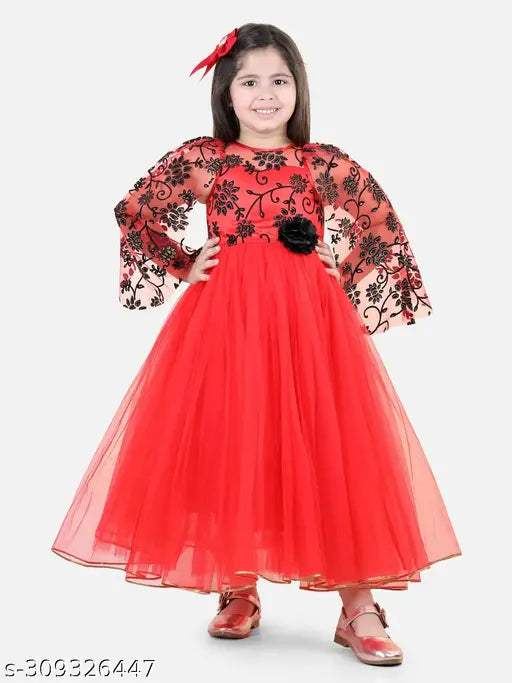 Red net embellished party gown for kids, full length with long sleeves, India origin