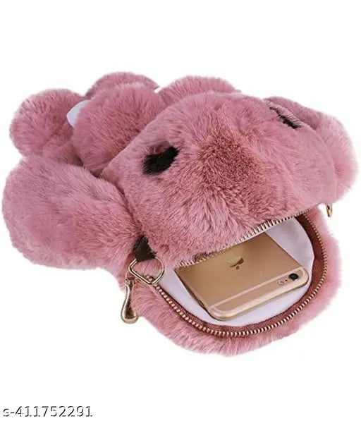 Soft, fluffy pink bunny sling bag with chain strap and smooth zipper closure