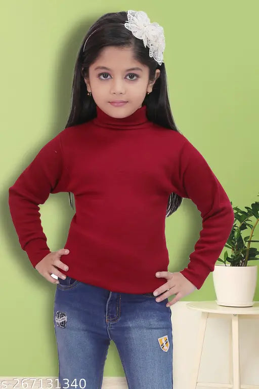 Maroon wool high neck sweater for girls winter wear - Quality kids' fashion accessory in solid pattern, perfect for cold weather and stylish winter outfits. Made in India, size 1-2 years