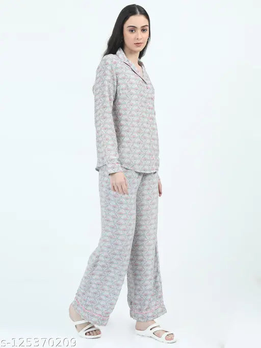 Grey polyester loose fit full sleeve button down top with elastic closure nightsuit pajama set, print design in navy blue, white, and pink checks on bottom pants