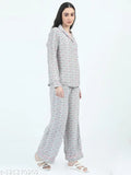 Grey polyester loose fit full sleeve button down top with elastic closure nightsuit pajama set, print design in navy blue, white, and pink checks on bottom pants