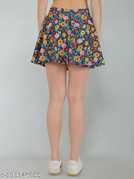 Green polyester elastane N-Gal floral printed mini skirt with attached inner shorts, perfect for casual or formal occasions. High-quality fabric ensures comfort and flexibility
