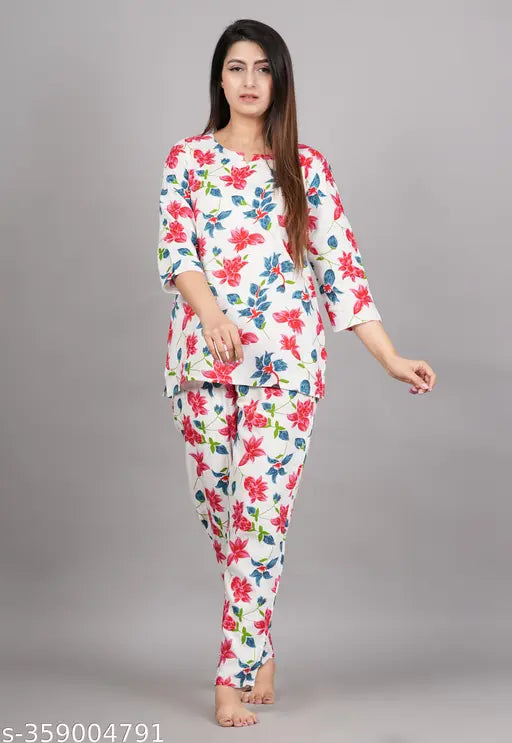 Women's printed rayon nightsuit set in three-quarter sleeves, vibrant pattern on rayon fabric, comes in sizes S-XXXL, made in India