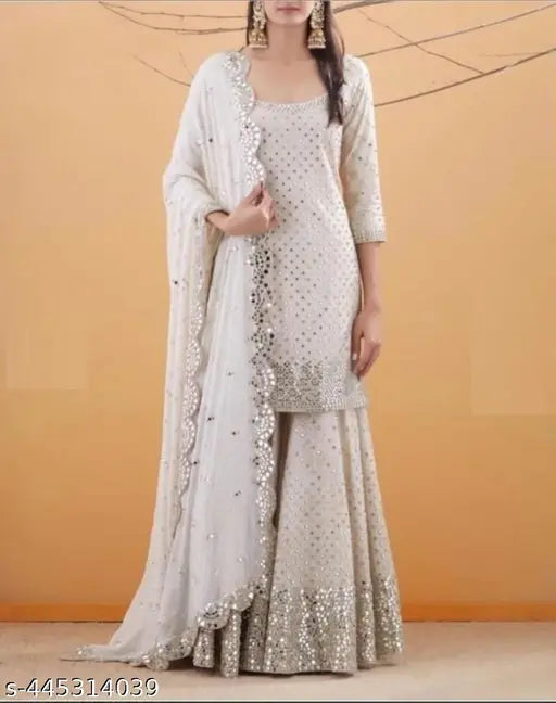 Womens georgette work kurta, solid sharara, dupatta set