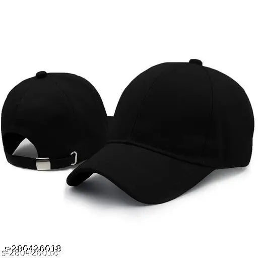 Black baseball cap with adjustable strap, featuring cotton material and plain design